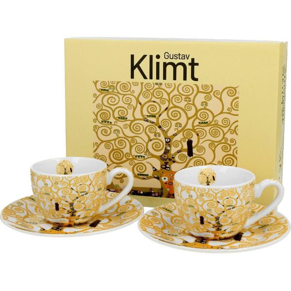 Duo | Set Di Tazze Da Caffè Espresso – Tazza – 2 Pezzi – Klimt L'albero Della Vita – Piattini – Porcellana Di Alta Qualità-image