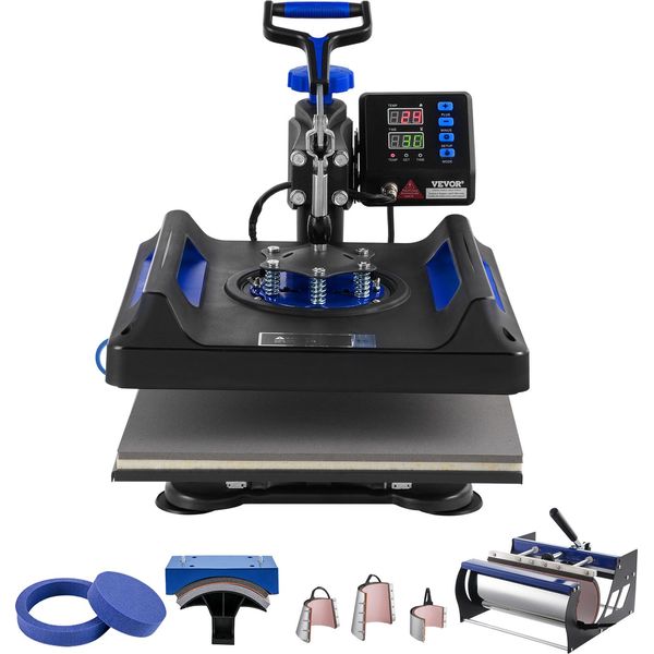 Pressa Termica Vevor, 15 X 15 Pollici, Macchina Per Il Trasferimento Di Calore 8 In 1 Con Pressa Per Tumbler Da 30 Once, Pressa Digitale Per Magliette A 360°, Rivestimento In Teflon, Nero+Blu-image