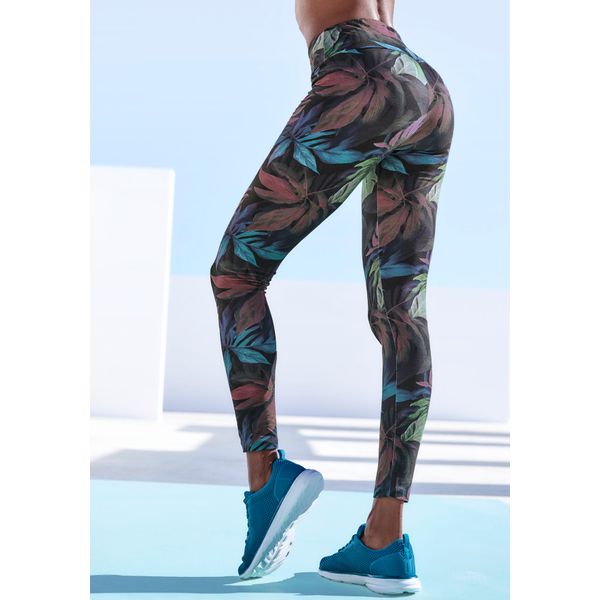 Leggings Lascana Active, Damen, Gr. S (36/38), N-Gr, Blau (Dunkelblau), Jersey, Obermaterial: 95% Baumwolle, 5% Elasthan, Bedruckt, Mehrfarbig, Figurbetont KnöChellang, Hosen Leggings, Mit Floralem Druck-image