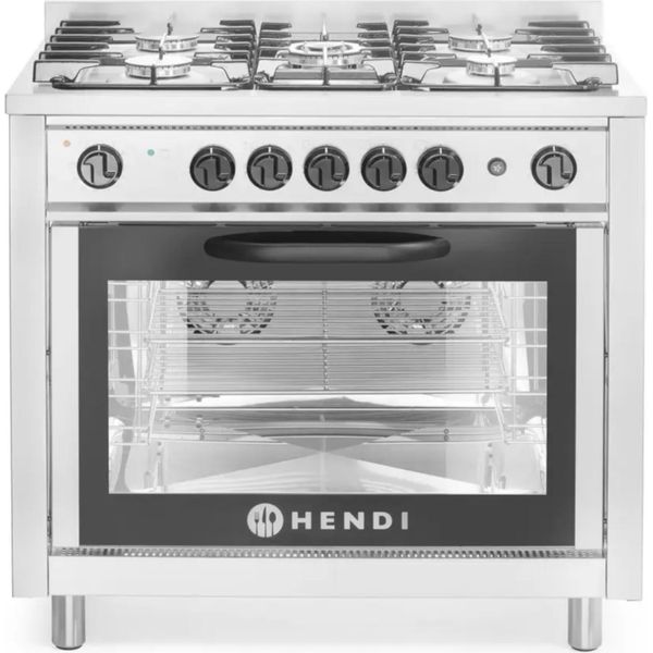 Piano Cottura A Gas Hendi - 5 Piastre Con Forno Elettrico, Linea Cucina, Argento, 230V/2900W, 14,3Kw, 900X653X(H)900Mm-image