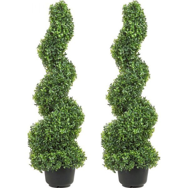 2 Pz. Torre Di Bosso Artificiale Verde - Spirale Topica - Pianta Artificiale Alta 122 Cm - Pianta Decorativa In Pe - Incl. 10 Pezzi. Foglie Di Ricambio.-image
