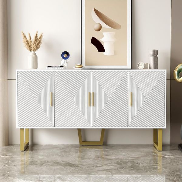 Credenza Fortuna Lai 150 Cm Con Ante Laccate E Maniglie Dorate, Design A 4 Ante, Ripiani Regolabili In Altezza, Bianco-image