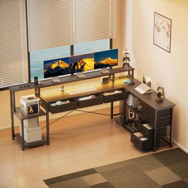 Aiorber Scrivania A L Con Illuminazione Led, Presa Di Corrente, Usb, Cassetti E Ripiano, Scrivania Ergonomica Per Computer, 148 Cm, Nero-image