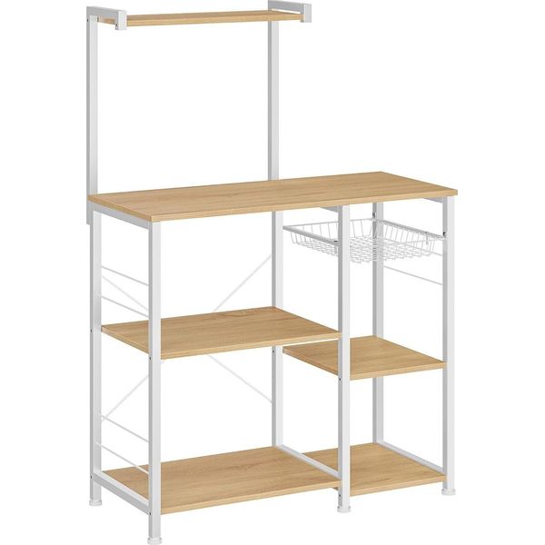 Vasagle Scaffale Da Cucina Con Cesto In Metallo, Scaffale Da Forno Con 6 Ganci E Ripiani, Scaffale Per Microonde Per Erbe Aromatiche, Pentole E Padelle, Moderno-image