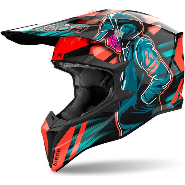 Casco Motocross Airoh Wraaap Cyber, Arancio/Blu, S (55/56)-image