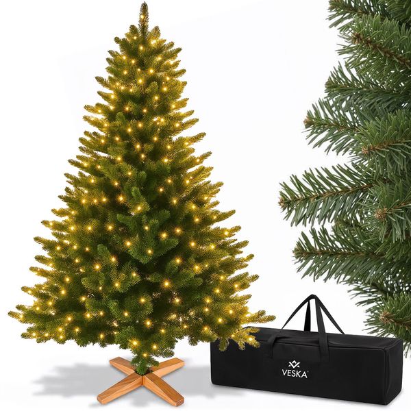 Albero Di Natale Artificiale Premium 140 Cm - Con Supporto In Legno, Abete Nordmann, Abete Artificiale, Realistico, Rami Fitti Con Led-image