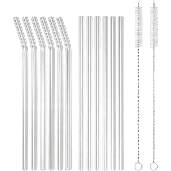 Intirilife Set Di Cannucce In Vetro Da 15 Pezzi - 20 X 0,8 Cm - Set Di Cannucce Riutilizzabili Con 6 Cannucce Dritte E 6 Cannucce Curve, 2 Spazzole E Sacchetto Di Conservazione-image