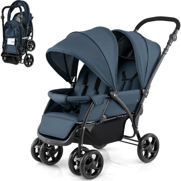 Costway Passeggino Pieghevole Per Fratelli, Passeggino Gemellare Con Schienale Regolabile E Capottina, Passeggino Da Viaggio Per Bambini Da 6 Mesi Blu-image