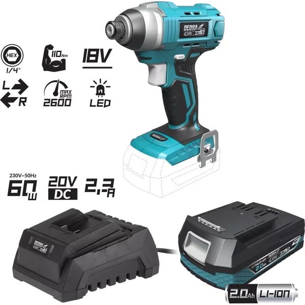 Set Di Utensili A Batteria 18V, Dedra Sas+All Ded7029: Avvitatore A Impulsi, Batteria Da 2,0Ah, Caricabatterie-image