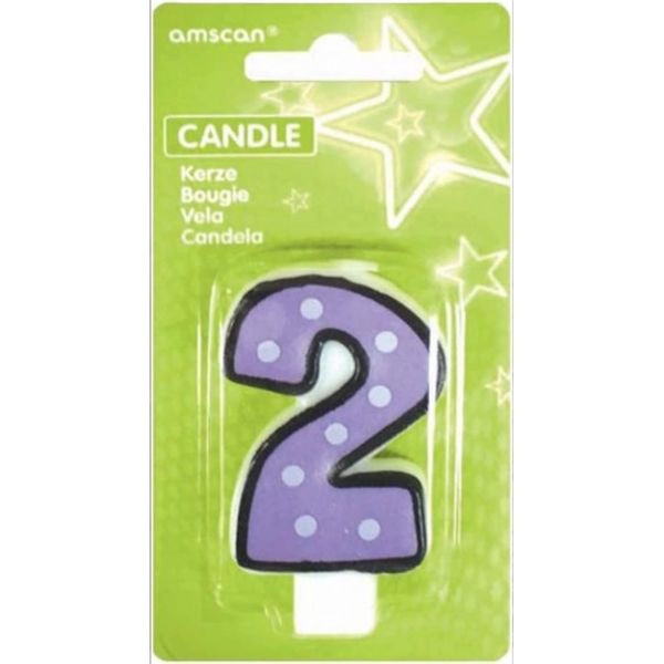 Amscan - Candela Di Compleanno A Pois, 2° Compleanno, Cera SG38939 (Taglia Unica) (Viola/Bianco)-image