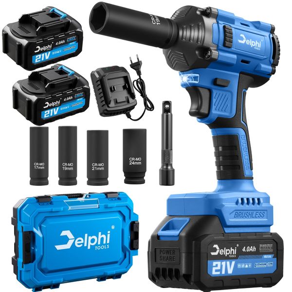 Avvitatore A Impulsi A Batteria Brushless 21V 1/2" Con 2 Batterie 4.0Ah, Set Di Bussole E Valigetta – Delphi Tools Pro"-image