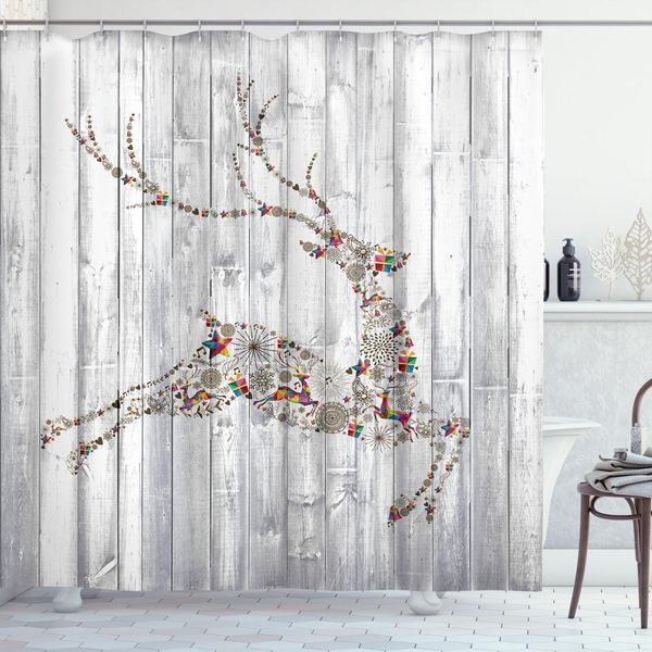 Abakuhaus Tenda Da Doccia Con Cervo, Immagine Colorata Di Animali Con Diversi Elementi Natalizi Artistici - Assi Di Legno, 175 X 200 Cm, Multicolore Grigio-image