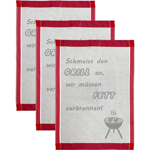 Geschirrtuch Ross "Schmeiss Den Grill An, Wir MüSsen Fett Verbrennen", Grau (Grau, Rot), B:50Cm L:70Cm, 100% Baumwolle, GeschirrtüCher, Geschirrtuch, SprüChetuch, Aus 100% Baumwolle-image