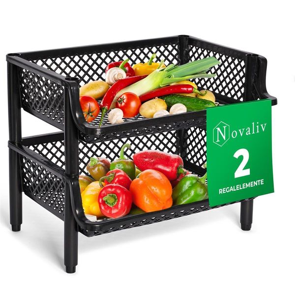 Novaliv 2 Pezzi Scaffale A Cestello Nero Impilabile Ed Estensibile, Scaffale Per Dispensa, Scaffale Per Alimenti, Scaffale Per Frutta, Sistema Di Stoccaggio Per Cantina, Sistema Di Organizzazione Per Dispensa, Scaffale Per Bevande-image