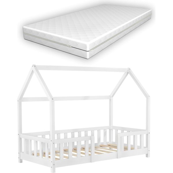 Letto Per Bambini 'Sisimiut' In Look Casa Con Materasso E Protezione Anticaduta In Legno Di Pino 80 X 160 Cm Bianco-image