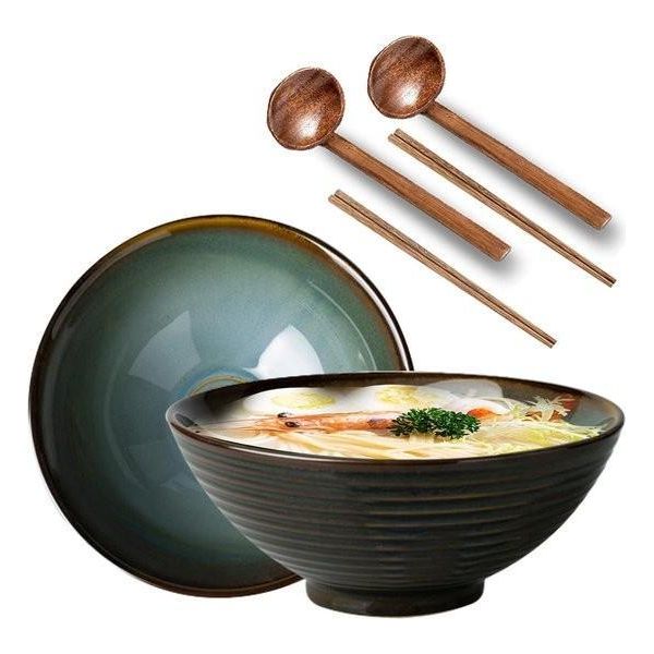 Set Di Ciotole Da Ramen In Ceramica Giapponese - 2 Pezzi - 1200 Ml - Con Cucchiaio E Bacchette - Per Muesli, Zuppa, Insalata E Pasta-image