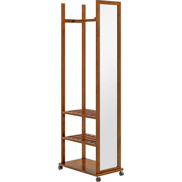 Specchio A Figura Intera Con Rotelle Fortuna Lai Specchio Da Guardaroba A 3 Livelli Appendiabiti In Noce 24,8X153,8 Cm Per Camera Da Letto E Corridoio-image