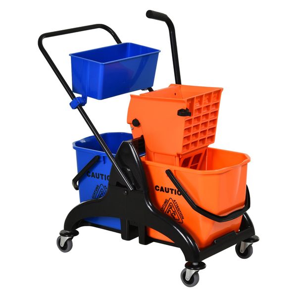 Homcom Carrello Per Il Lavaggio Carrello Per La Pulizia Professionale Pressa Per La Cottura 2 Secchi + Magazzino Arancione Blu-image