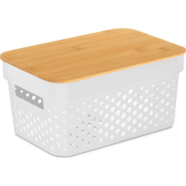 Contenitore In Plastica Con Coperchio In Bambù, 26 X 17,5 X 12,5 Cm, Bianco-image