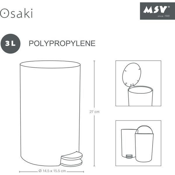 Msv "Osaki"" Cestino Per Cosmetici A Pedale Cestino Per Rifiuti - 3 Litri - Con Contenitore Interno Estraibile - Beige"-image