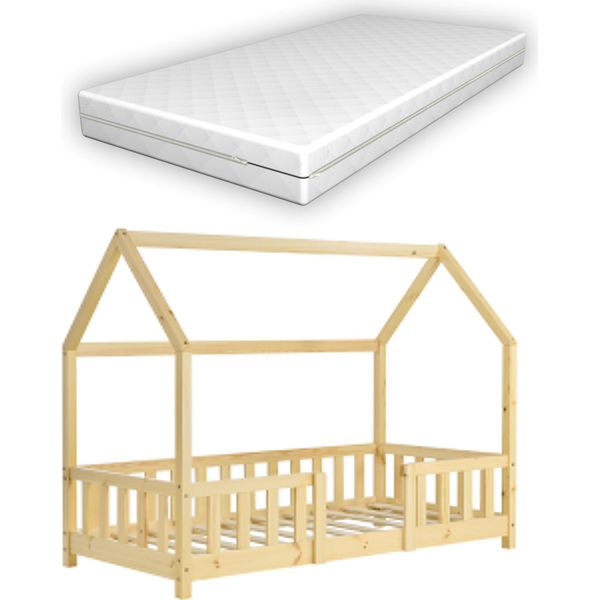 Letto Per Bambini 'Sisimiut' In Look Casa Con Materasso E Protezione Anticaduta In Legno Di Pino 70 X 140 Cm Colori Legno-image