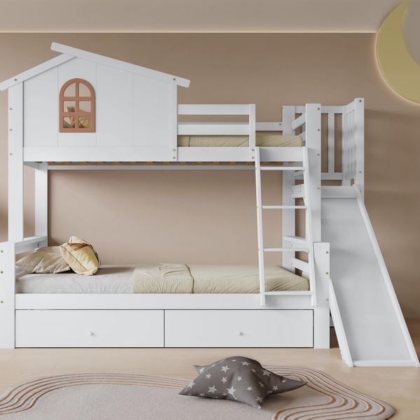 Letto A Castello Flieks 90X200/120X200 Con Rete A Doghe, Letto Per Bambini Con Scivolo E Scaletta, Letto A Soppalco Con 2 Cassetti, Letto Casa Letto In Legno Letto A Castello, Bianco-image