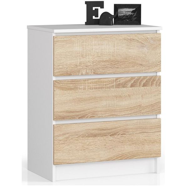 Comò Elegante 60 Cm Bianco E Rovere Sonoma Con Tre Cassetti Per Pratico Stoccaggio-image