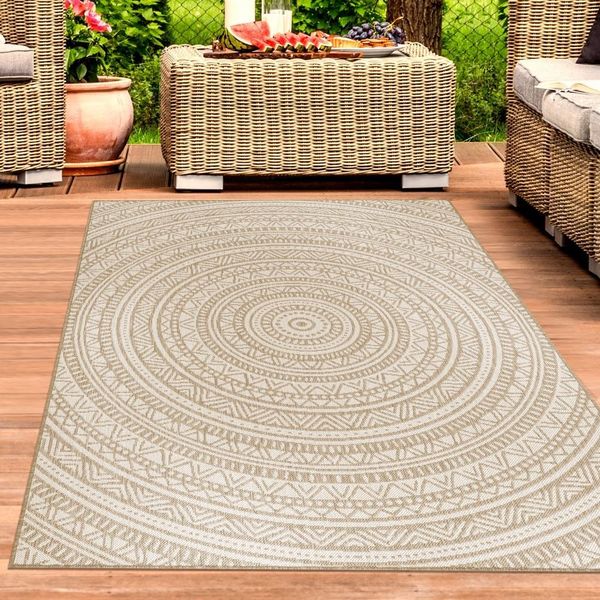 Tappeto Per Interni Ed Esterni Tappeto Da Balcone Rotondo In Bianco E Beige - Moderno E Versatile Dimensioni - 120 Cm Rotondo-image