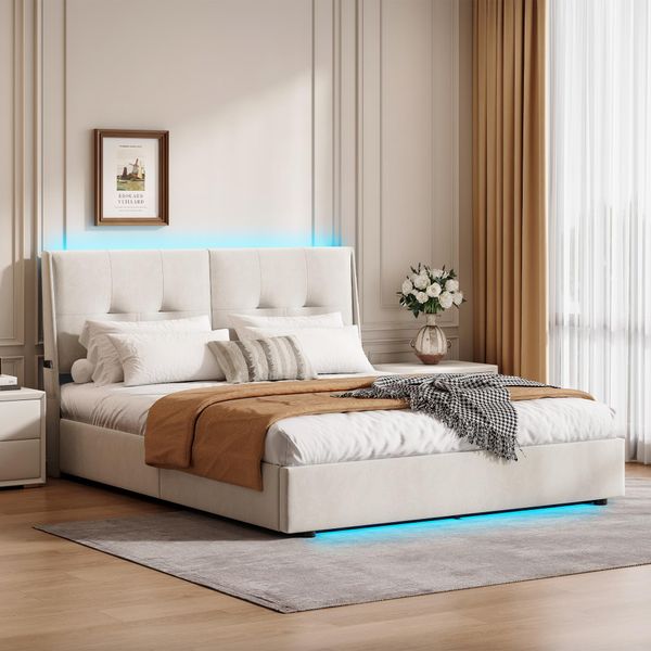 Letto Matrimoniale Imbottito 140 X 200 Cm Con Contenitore E Illuminazione A Led, Con Rete A Doghe, Beige-image