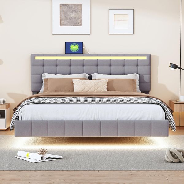 Letto Sospeso Imbottito 160 X 200 Cm, Matrimoniale, Con Illuminazione Led E Testata, Lino, Grigio-image