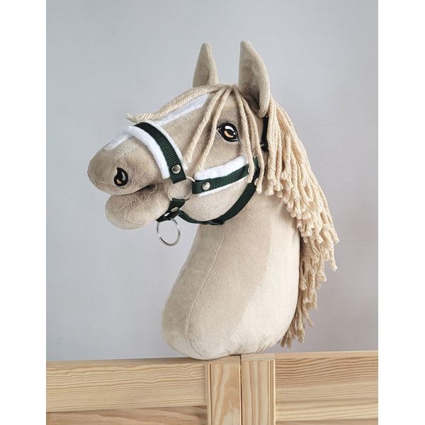 Cavezza Regolabile Per Cavallo Hobby Horse A3 Verde Bottiglia Con Pelliccia Bianca-image