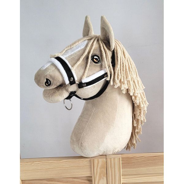 Cavezza Regolabile Per Cavallo Hobby Horse A3 Nera Con Pelliccia Bianca-image