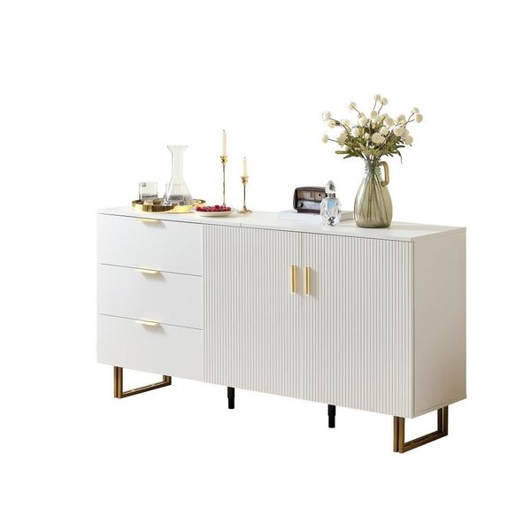 Aiorber Credenza Moderna Con 2 Ante E 3 Cassetti - 160 Cm Mobile In Mdf Bianco Con Maniglie Dorate E Gambe In Acciaio Marrone Per Un'archiviazione Elegante-image