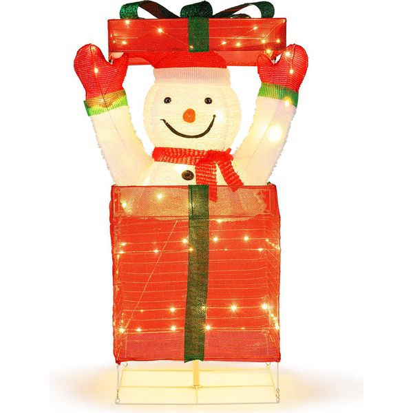 Costway Pupazzo Di Neve Led In Confezione Regalo, Decorazione Natalizia Illuminata Di 115 Cm Con 100 Led Bianco Caldo, Figura Natalizia, Illuminazione Natalizia-image