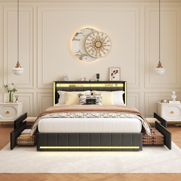 Letto Imbottito 140 X 200 Cm, Testata A Led, 4 Cassetti E Funzione Di Ricarica Usb, Lino, Beige-image