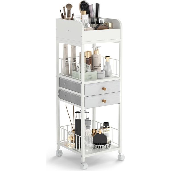 Costway Carrello Porta Trucchi, Organizzatore Di Cosmetici Con Cassetti, Ruote E Ripiani, Carrello Multiuso, Bianco 30 X 30 X 90 Cm-image