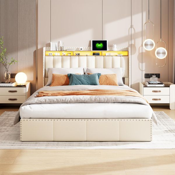 Letto 140 X 200 Cm Con Contenitore, Illuminazione Led, Connessione Usb, Testata Con Contenitore, Struttura Robusta, Beige-image