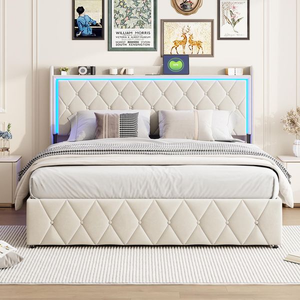 Letto Matrimoniale Imbottito 160 X 200 Cm Con Testata A Led E Funzione Di Ricarica, Contenitore, Velluto, Beige-image