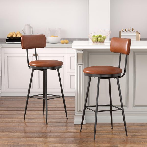Set Di 2 Sgabelli Da Bar Con Schienale E Poggiapiedi, Rivestimento In Pu, Altezza 65 Cm, Marrone-image