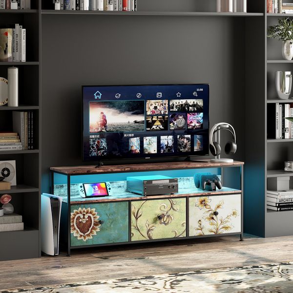 Porta Tv Con Illuminazione Led, 108 X 30 X 57 Cm, 3 Cassetti, Vani A Giorno, Per Il Soggiorno-image