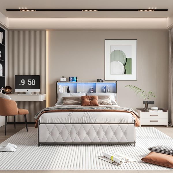Letto Imbottito 160 X 200 Cm Con Illuminazione A Led E Porta Di Ricarica Usb, Con 4 Cassetti, Beige-image