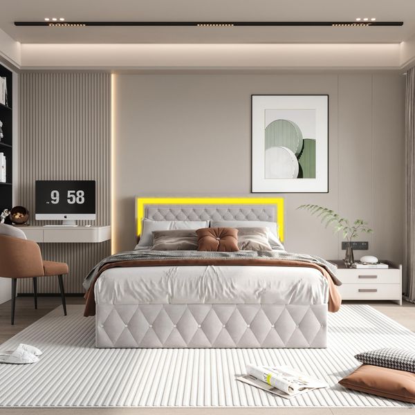 Letto Matrimoniale Imbottito 140 X 200 Cm Con Contenitore E Illuminazione A Led, Rete A Doghe, Velluto Beige-image