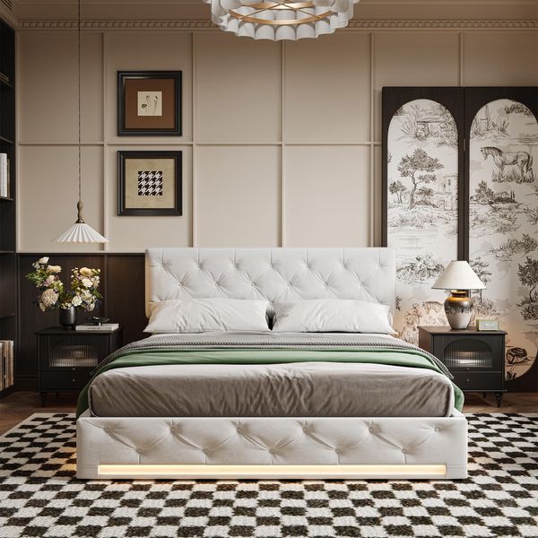 Letto 140 X 200 Cm Con Contenitore E Illuminazione A Led, Letto Matrimoniale Imbottito, Struttura In Lino Color Beige, Design Moderno-image