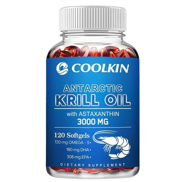 Olio Di Krill Antartico 3000Mg (120 Capsule) Integratore Alimentare, Cervello, Memoria, Concentrazione, Cuore, Pelle, Ossa, Omega-3, Epa, Dha, Astaxantina-image