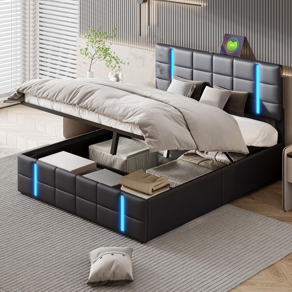 Letto Imbottito Matrimoniale 140X200 Cm Con Led, Rete A Doghe, Telaio In Pu, Nero, Design Moderno, Ideale Per Camere Da Letto, Funzionale E Confortevole-image
