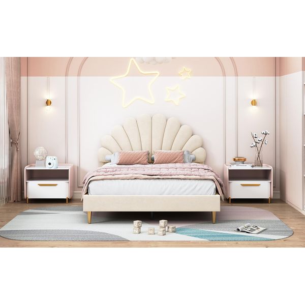 Letto Imbottito Matrimoniale 140X200 Cm Con Rete A Doghe, Velluto, Beige, Design Moderno, Ideale Per Camere Da Letto, Comodo Ed Elegante-image