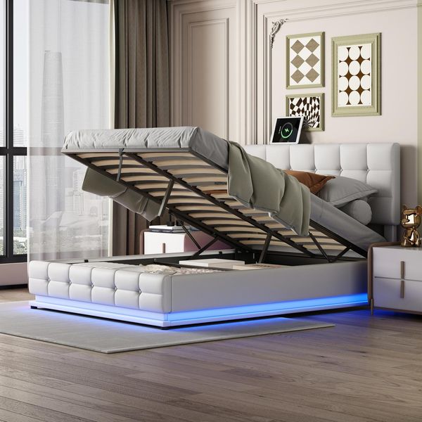 Letto Imbottito 140X200 Cm Con Led E Contenitore, Rete A Doghe, Letto Matrimoniale, Bianco, Design Moderno, Ideale Per Camere Da Letto, Funzionale E Confortevole-image