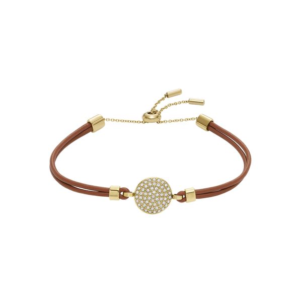 Armband Fossil "Schmuck Edelstahl Leder Armschmuck Sadie Glitz Disc", Braun (Gelbgoldfarben, Braun, Kristallweiß, Kristallweiß), ArmbäNder, Damen, Edelstahl Leder, Edelstahl, Leder, Armband, Mit Glasstein-image