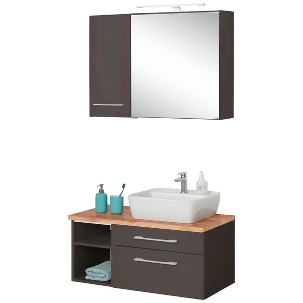 BadmöBel-Set Welltime "Davos", Grau (Grafit, Grau), Becken Rechts, KastenmöBel-Sets, BadmöBel-Set, Spiegelschrank Mit Extra Regal-image