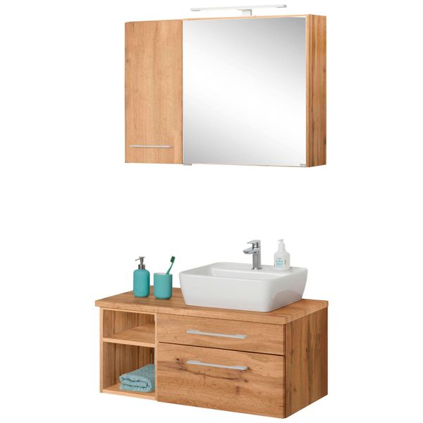 BadmöBel-Set Welltime "Davos", Braun (Eichefarben), Becken Rechts, KastenmöBel-Sets, BadmöBel-Set, Spiegelschrank Mit Extra Regal-image